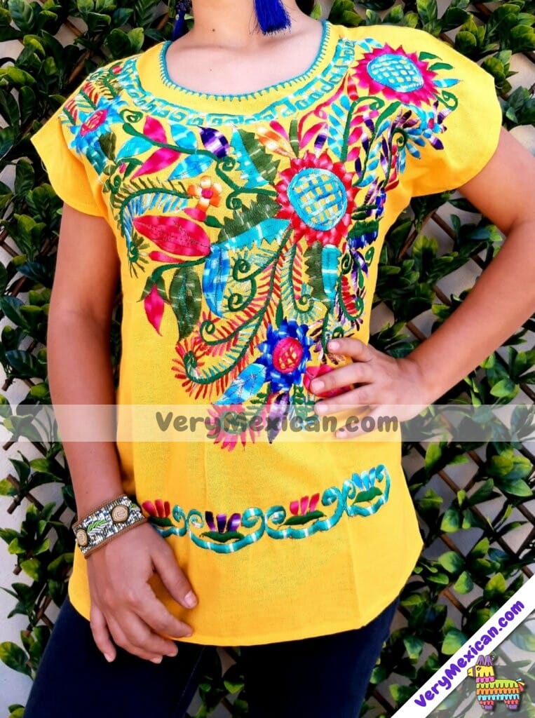 rj00521 blusa bordada de manta color amarillo con dibujo de flores  artesanal mexicano 