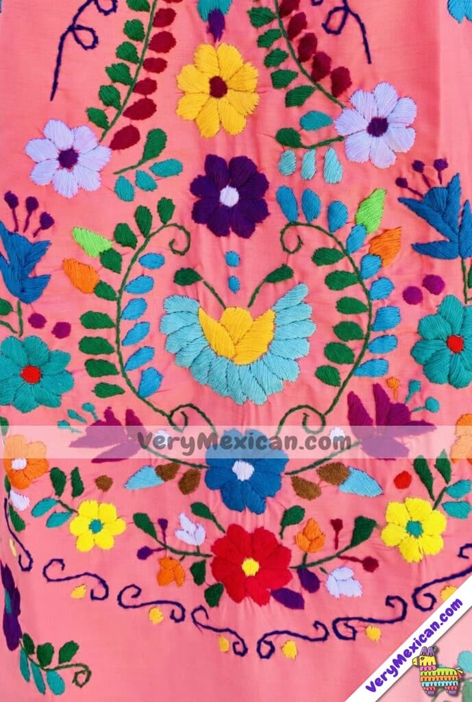 rj00530 vestido de manta color coral bordado a mano con dibujo de flores  artesanal mexicano 