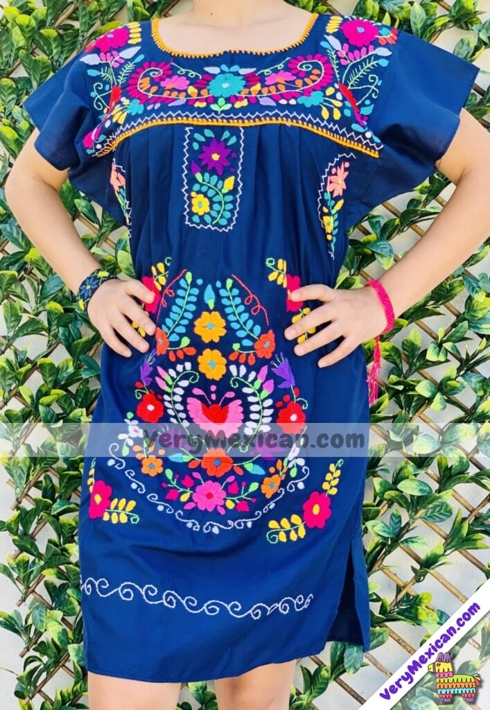 rj00533 vestido color azul bordado a mano con dibujo de flores artesanal  mexicano 