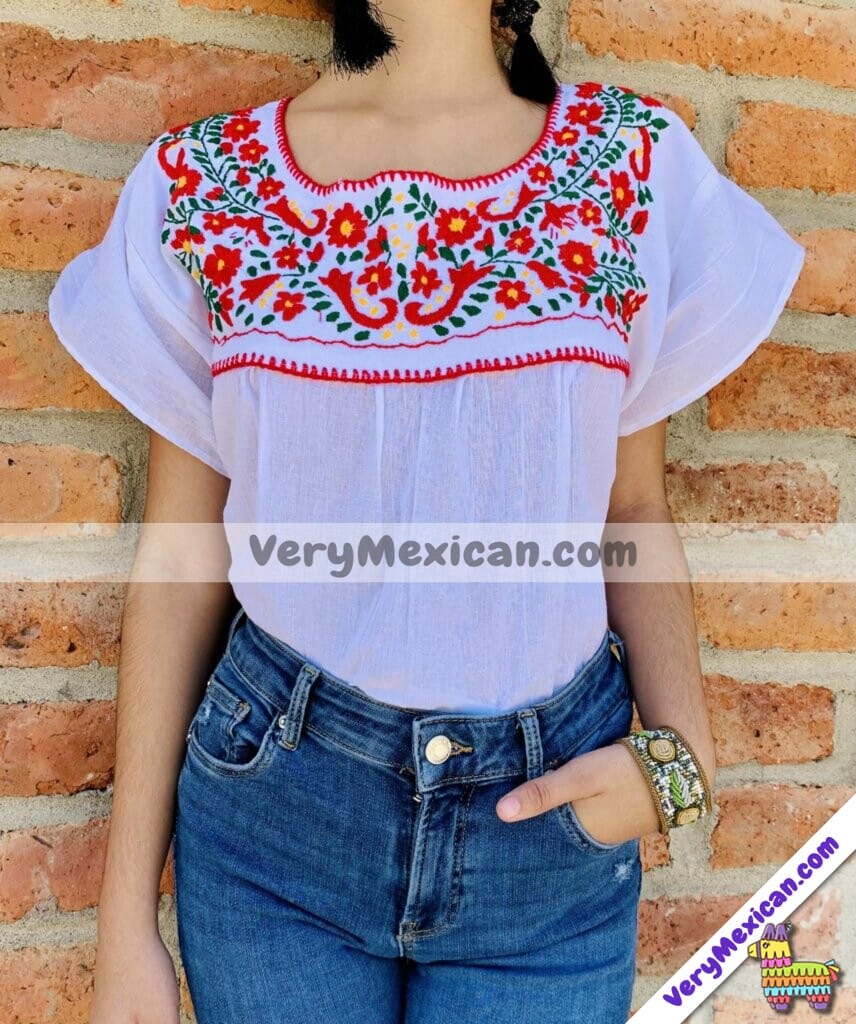 blusa de manta color blanco bordada con de flores abierto espalda artesanal mexicano ⋆ VeryMexican.com