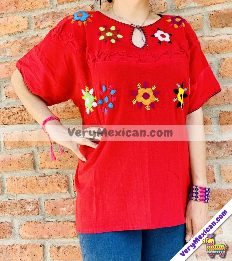 rj00622 blusa bordada a mano de manta color rojo artesanal mexicano ⋆  