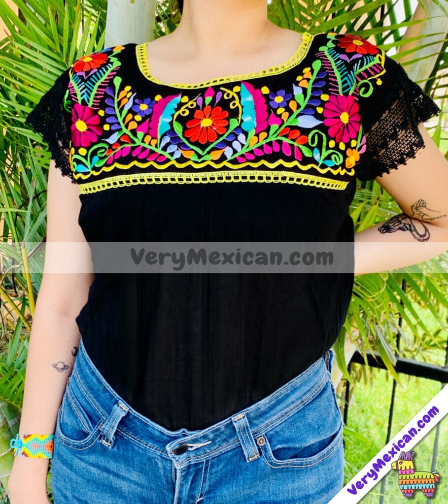 rj00647 blusa de manta negro bordada a maquina de flores artesanal mexicano  