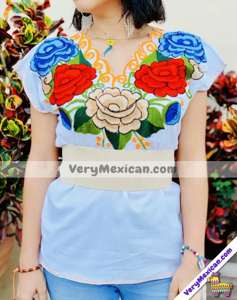 rj00725 blusa artesanal mexicano de manta blanco dibujo de flores -  